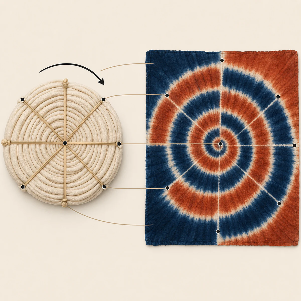 Spiral tie-dye fold map and revealed motif