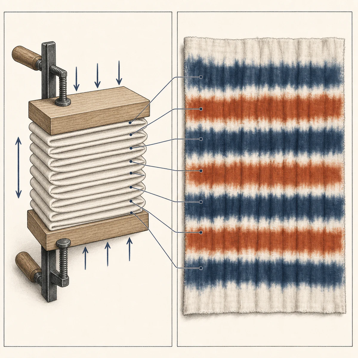 Accordion and clamp resist map for directional tie-dye bands