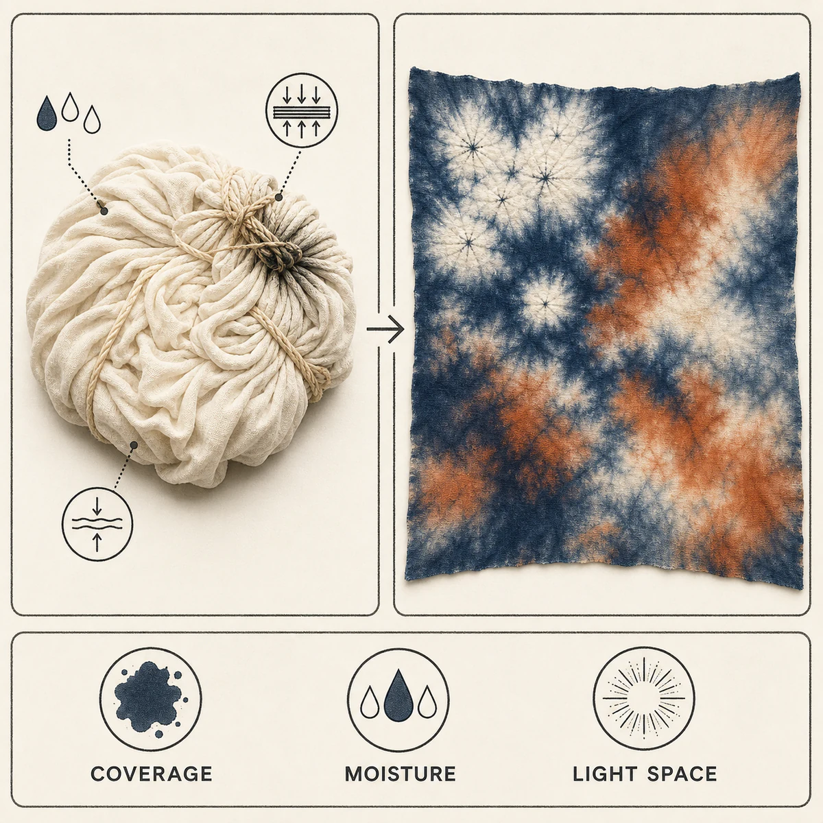 Scrunch tie-dye compression and cloud pattern result