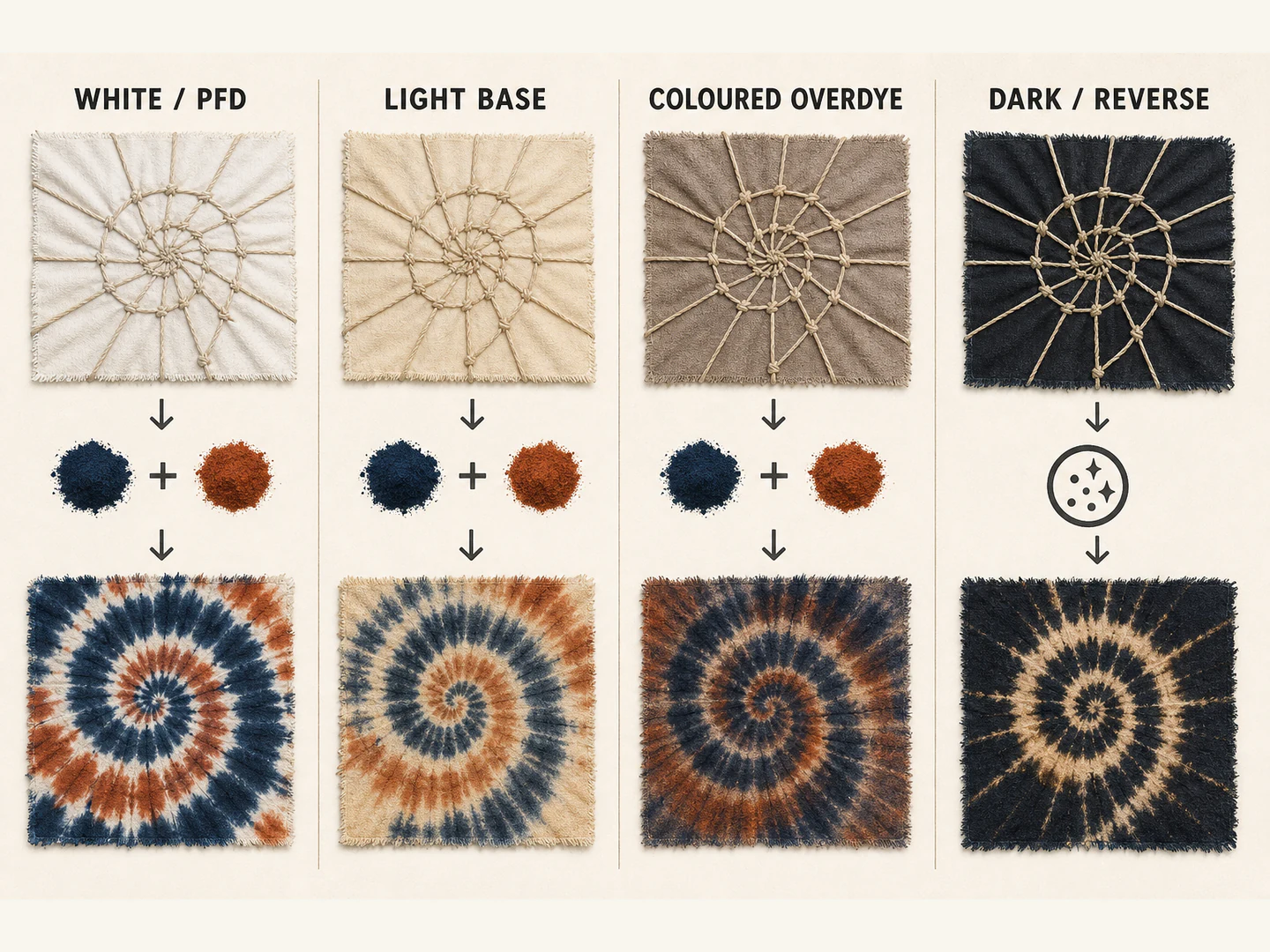 Tie-dye colour development on white, light, coloured and dark reverse bases