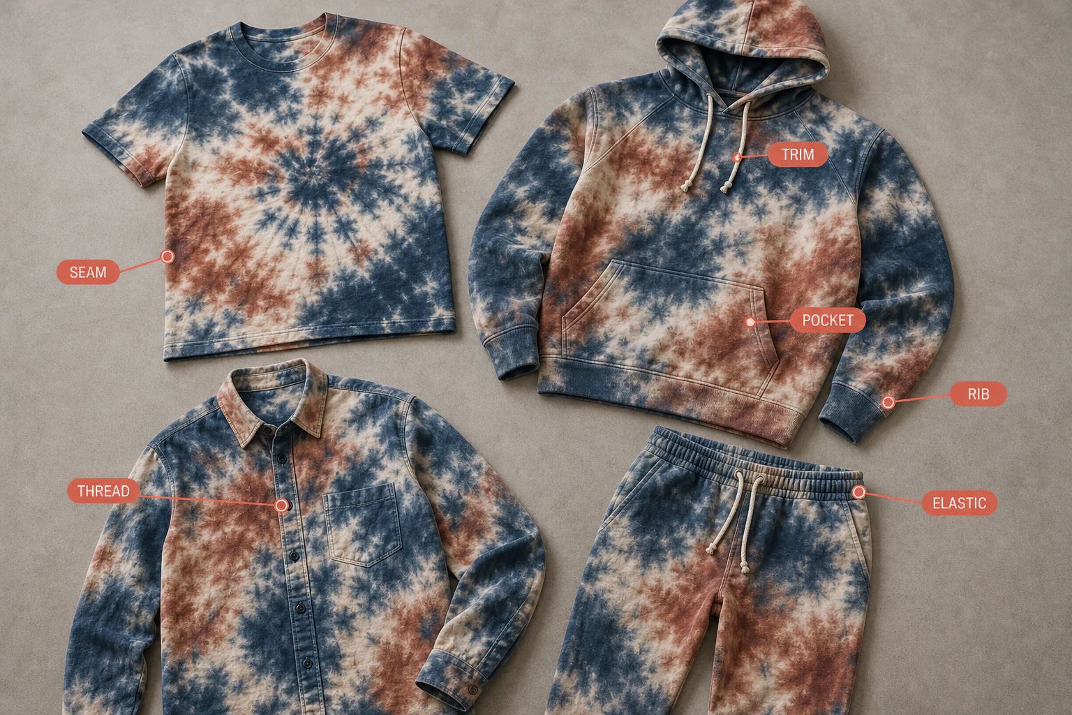 Tie-dye garment structures with seams, rib, pockets and trims marked for review