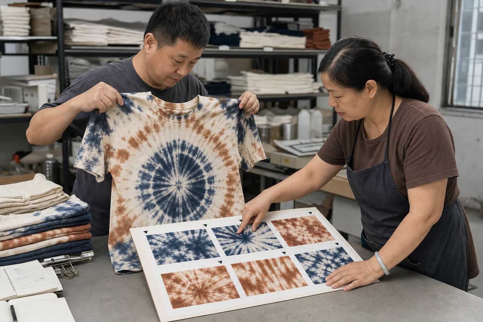 Chinese apparel team reviewing a tie-dye range board against a garment sample