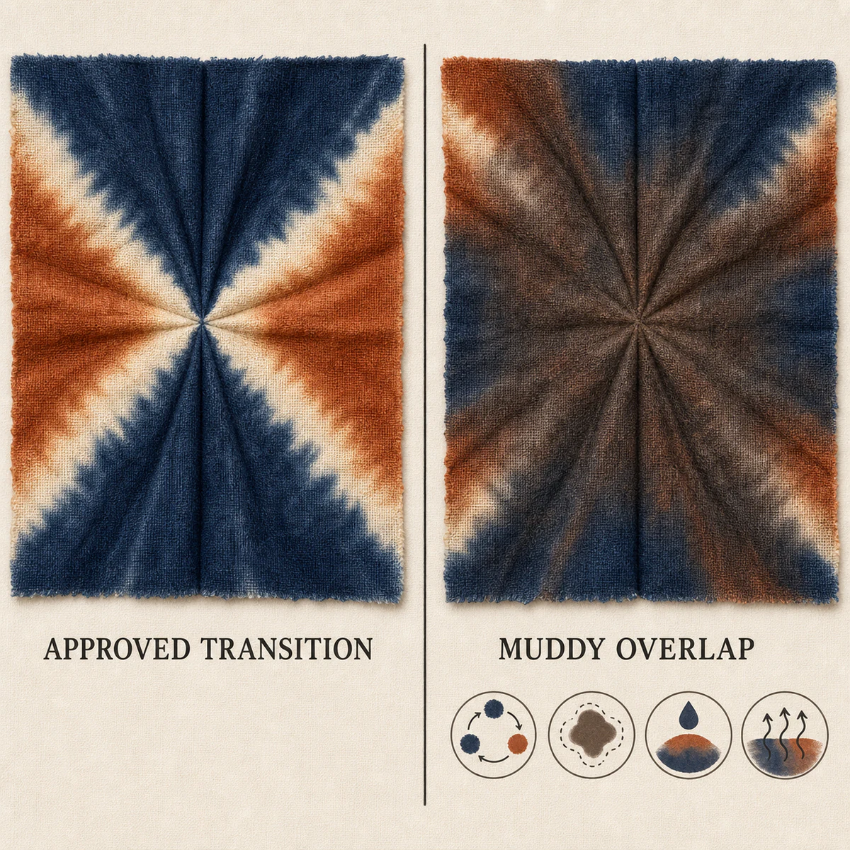 Tie-dye muddy colour overlap compared with an approved transition