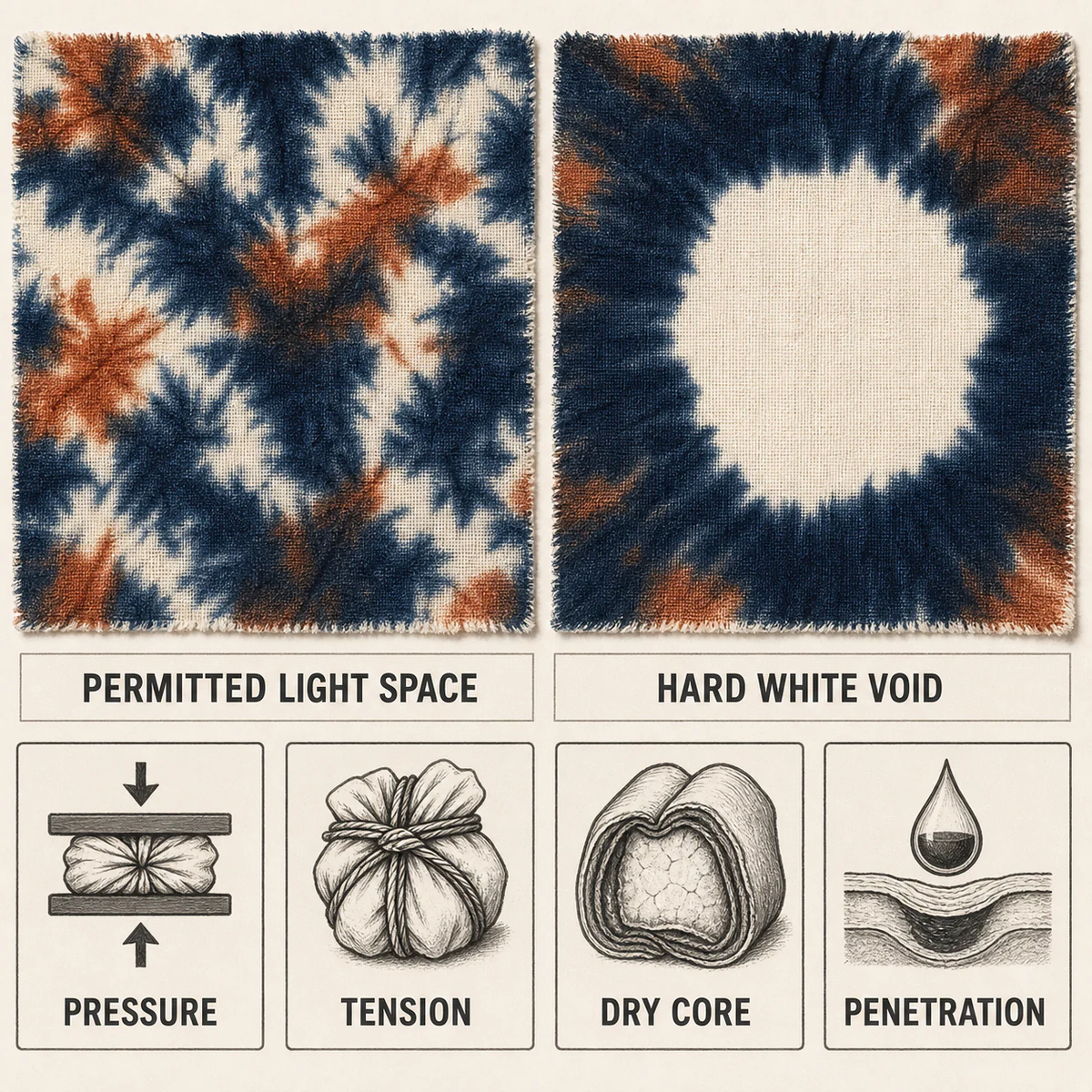 Approved tie-dye light space compared with a hard uncoloured void