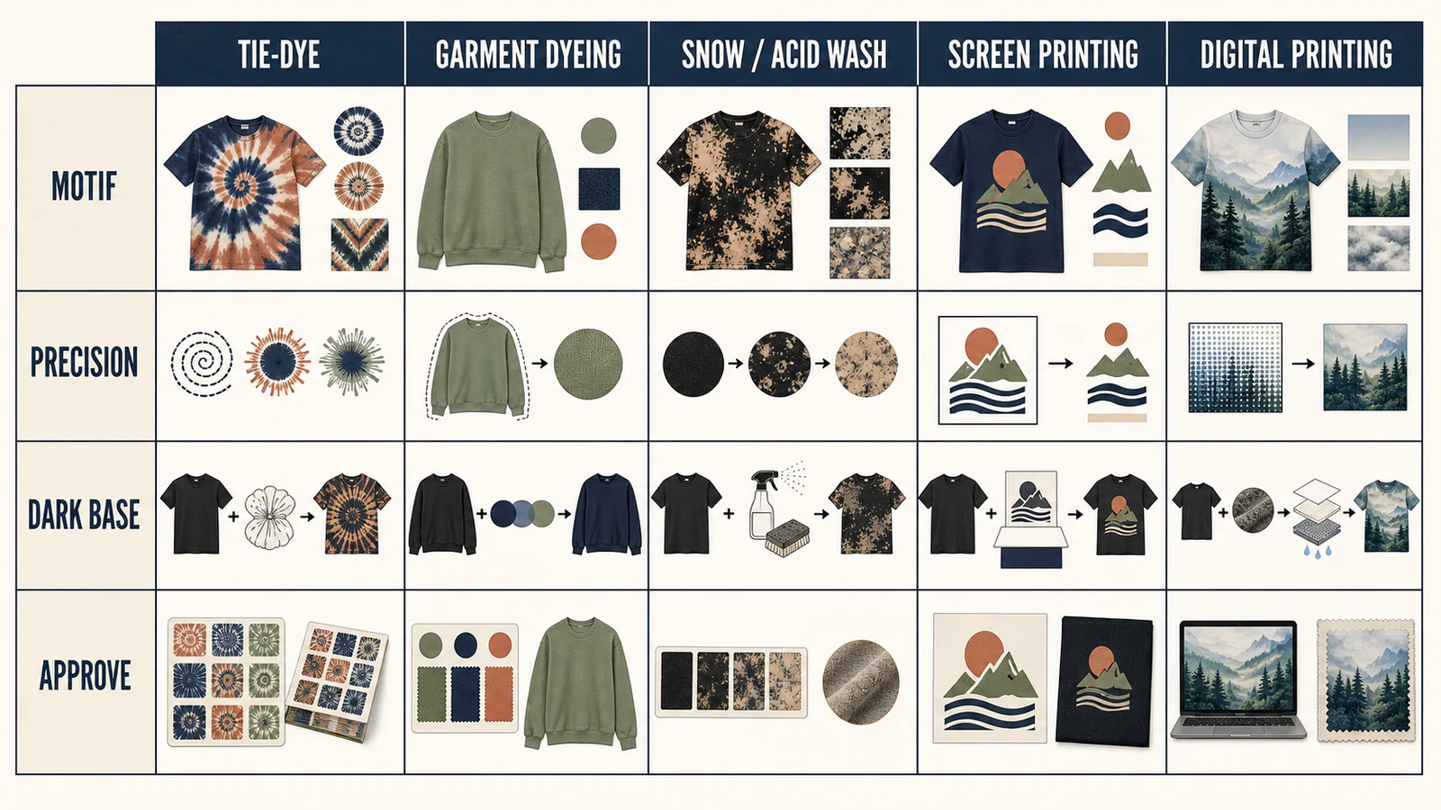 Decision guide comparing tie-dye, garment dye, snow wash, screen and digital printing