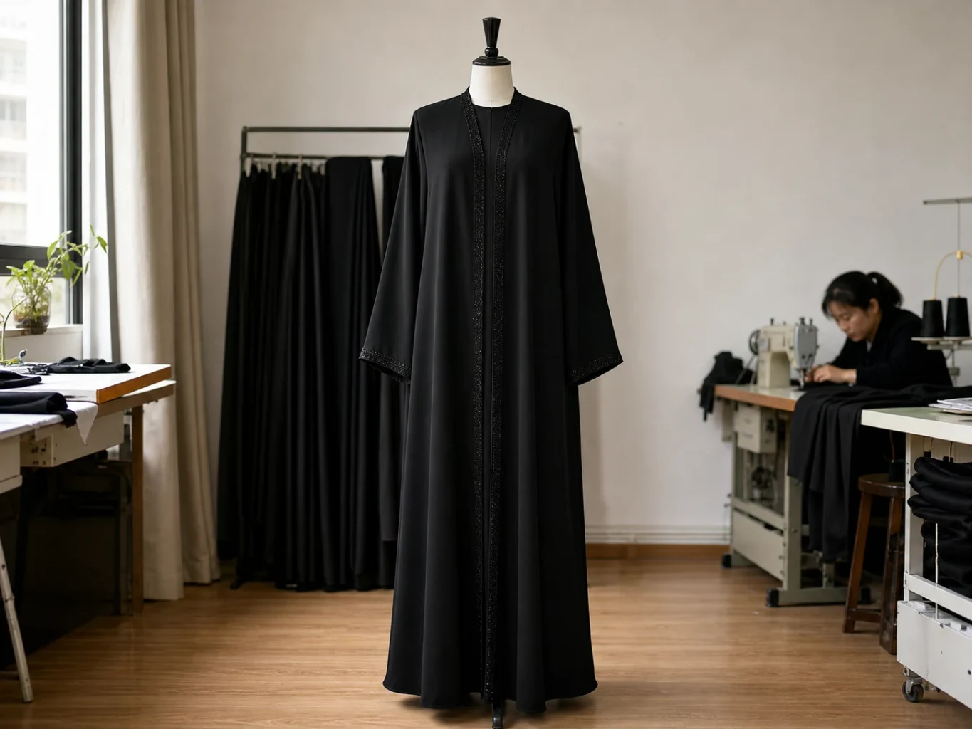Finished black abaya shown in full on a dress form.