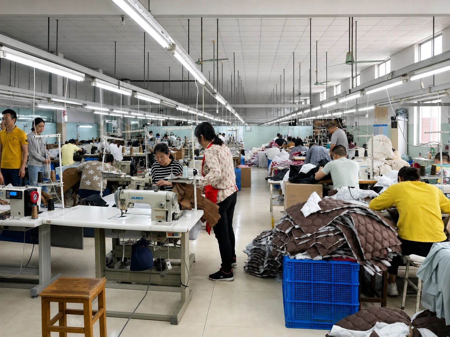 Chinese garment factory sewing floor with inline garment work