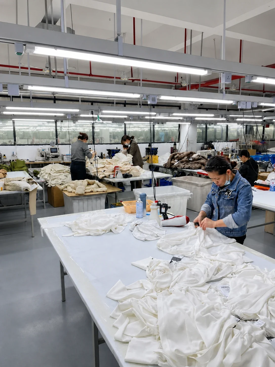 QC and packing table with garments being checked