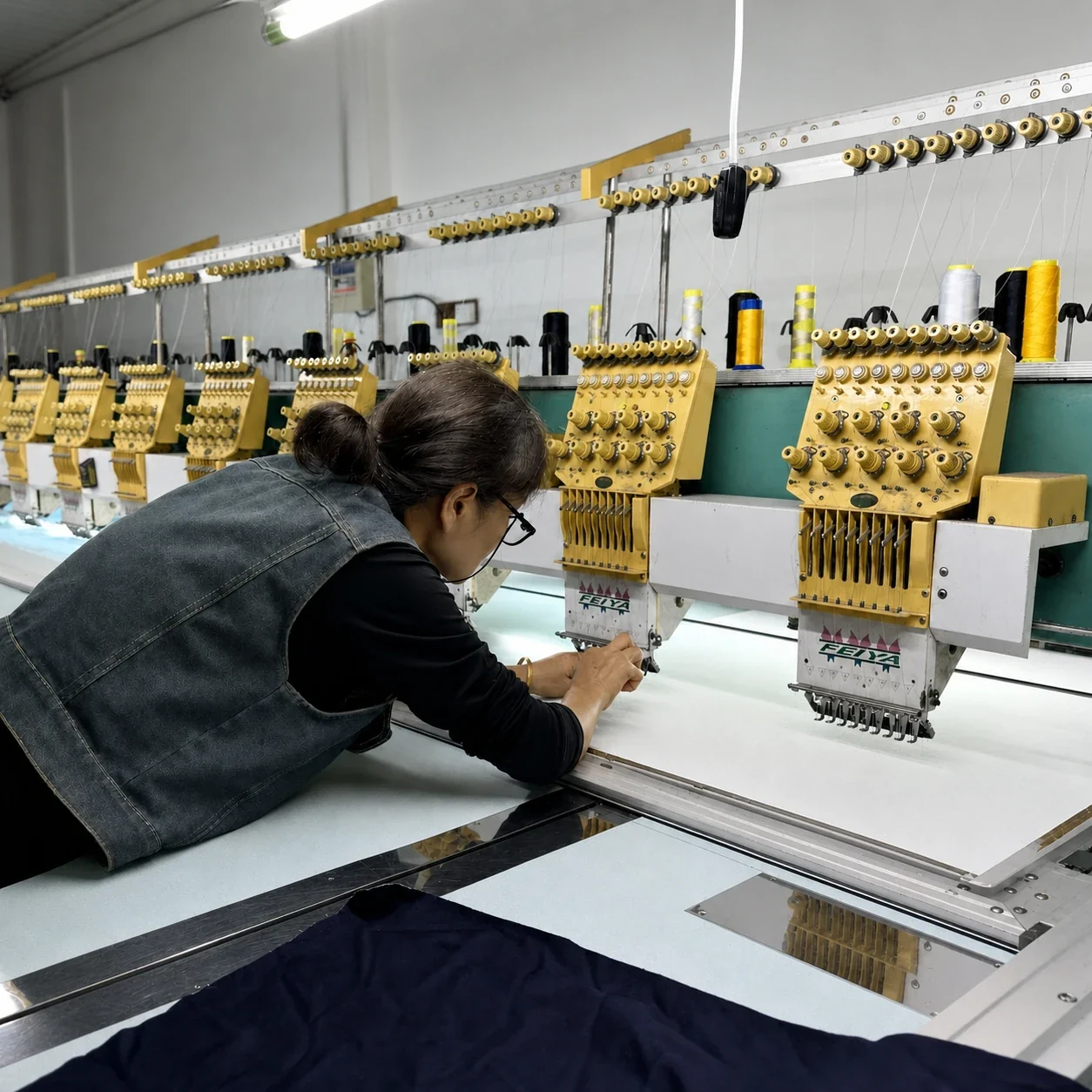 Embroidery machine detail in an apparel workshop