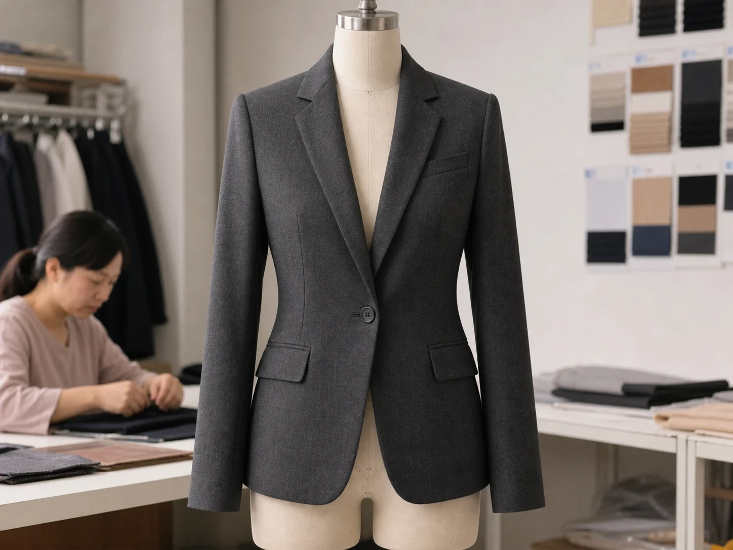 Finished charcoal blazer shown in full on a dress form.