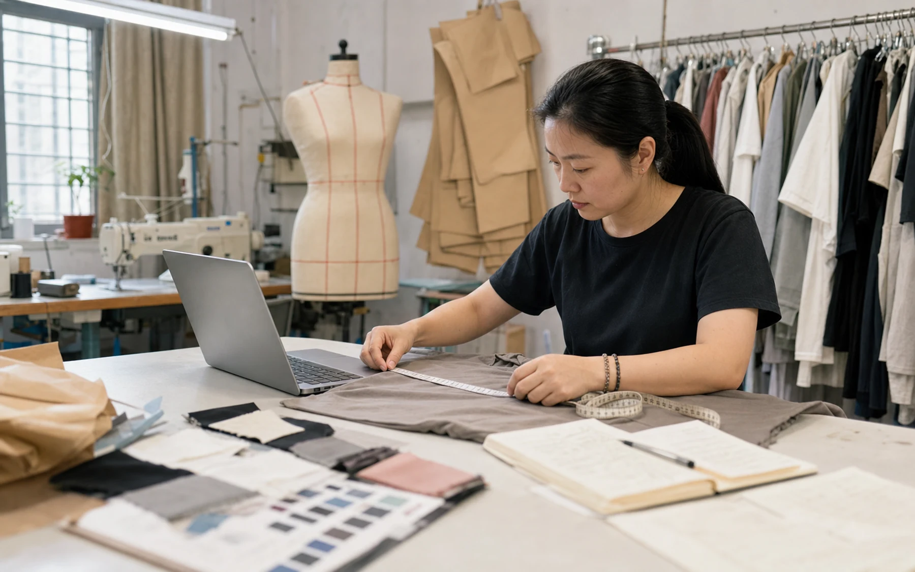 Apparel manufacturing notes, garment reference and material samples on an editorial desk