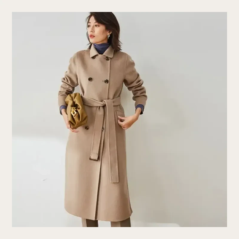 Camel double-breasted belted coat project photo supplied by Canton Fashion.