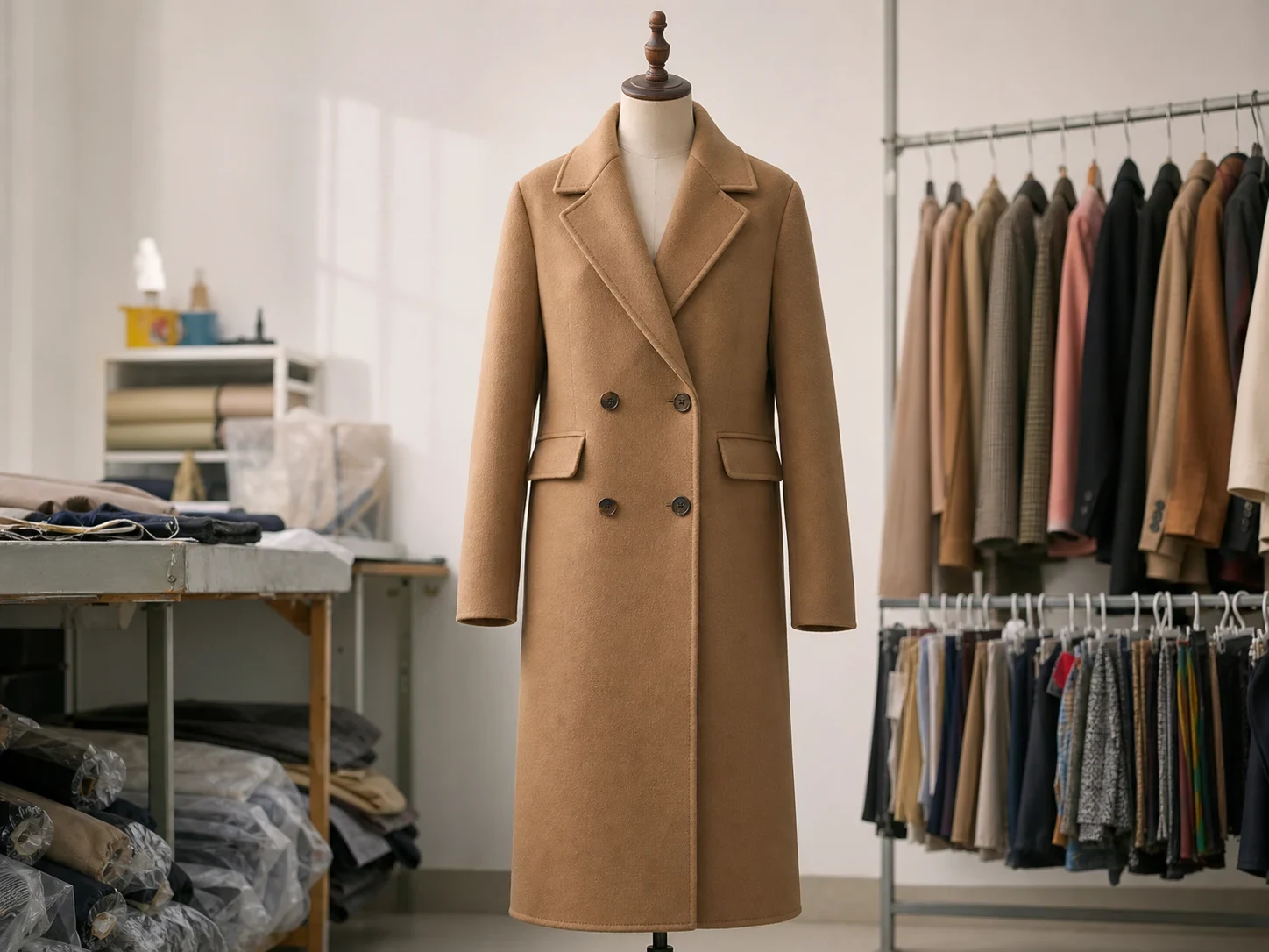 Finished camel coat shown in full on a dress form.