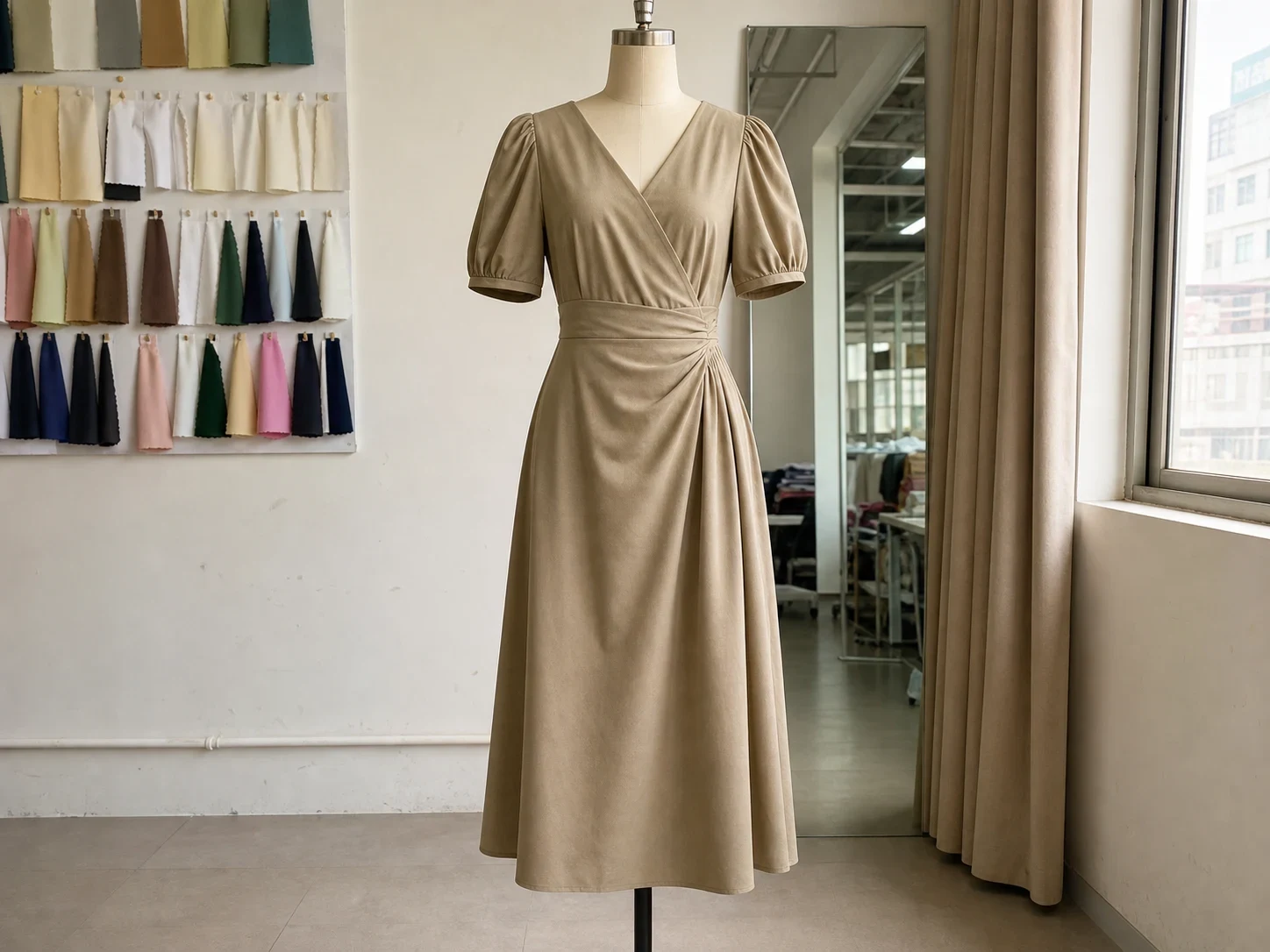 Finished beige dress shown in full on a dress form.