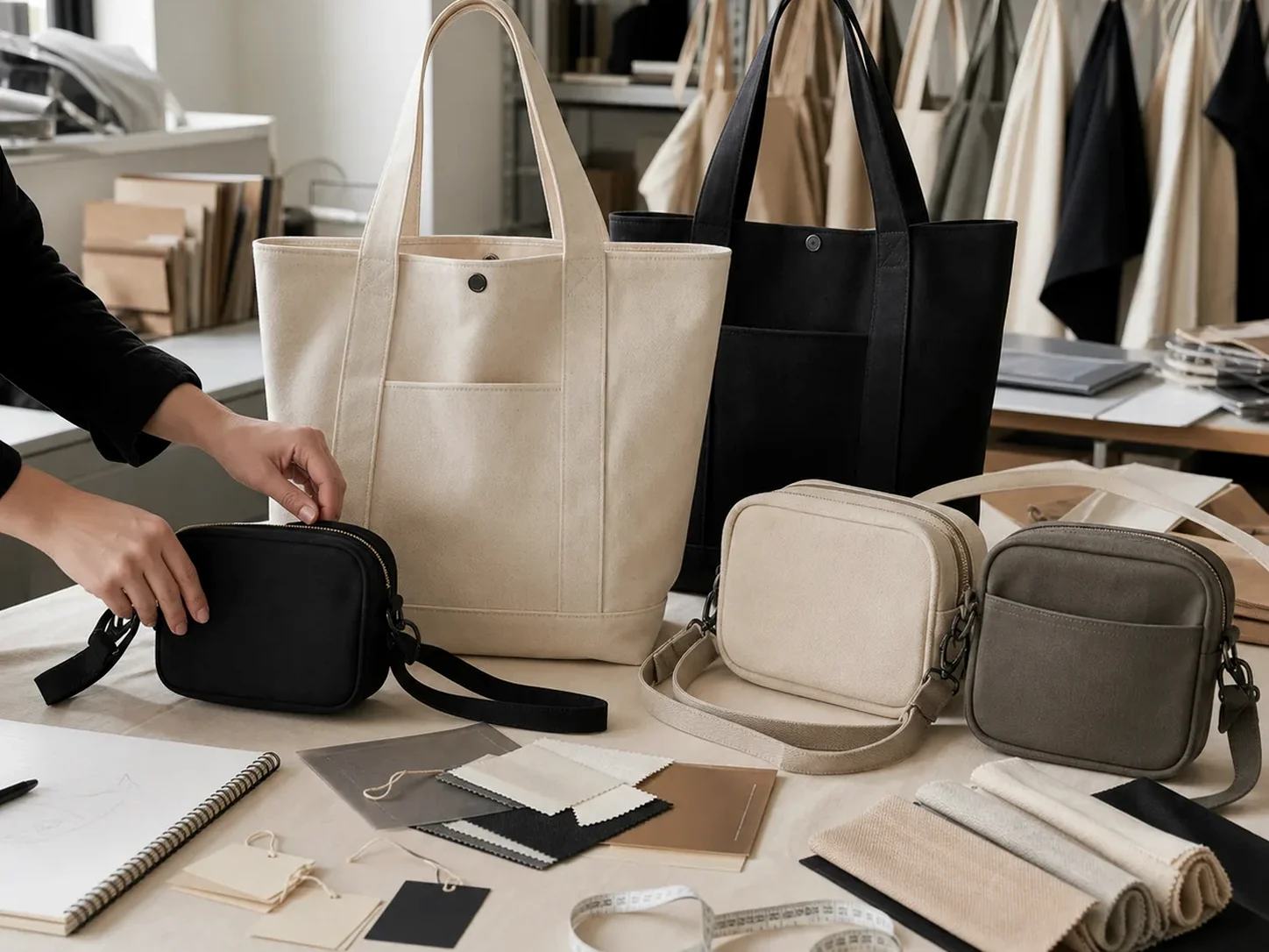 Bags and tote bags accessory sourcing references with fabric swatches.