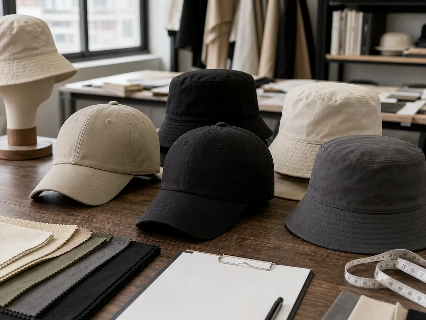Caps and hats accessory sourcing samples on a worktable.