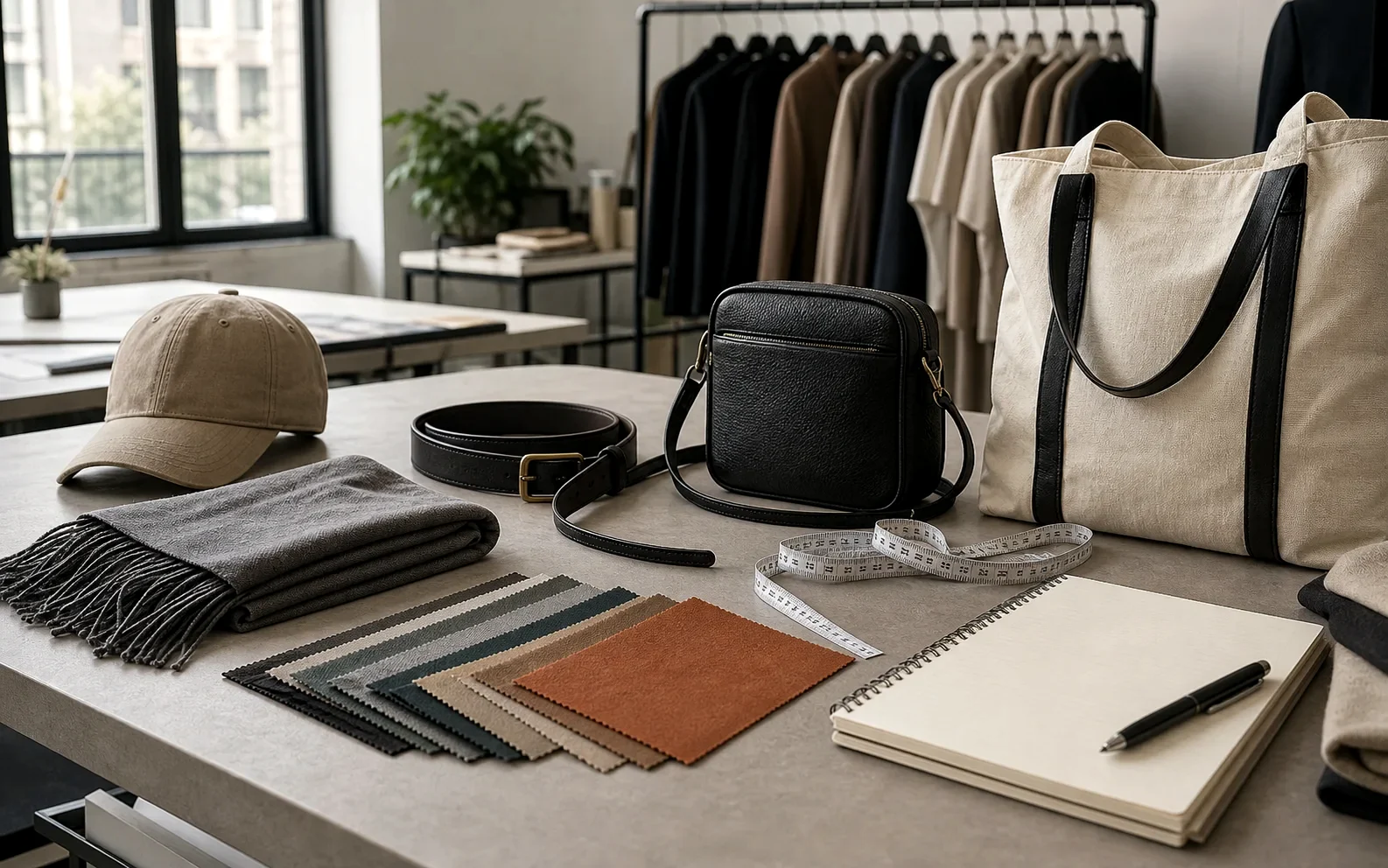 Accessory sourcing table with caps scarves belts bags and tote bag references.