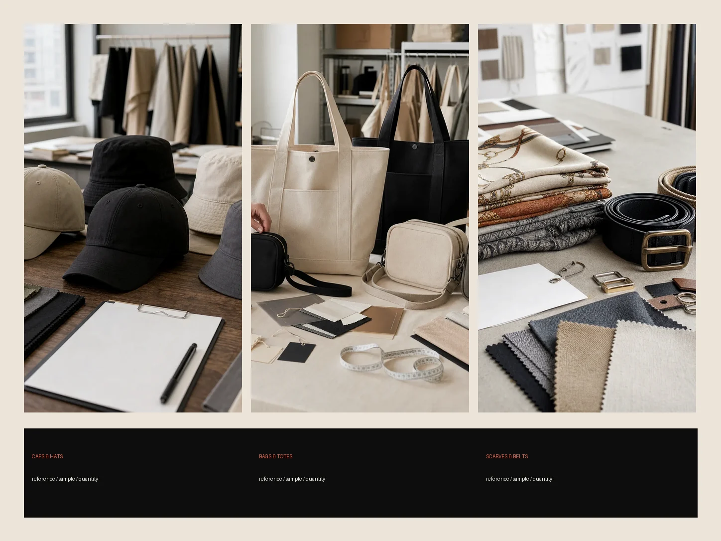 Accessory sourcing options board for caps hats bags tote bags scarves and belts.
