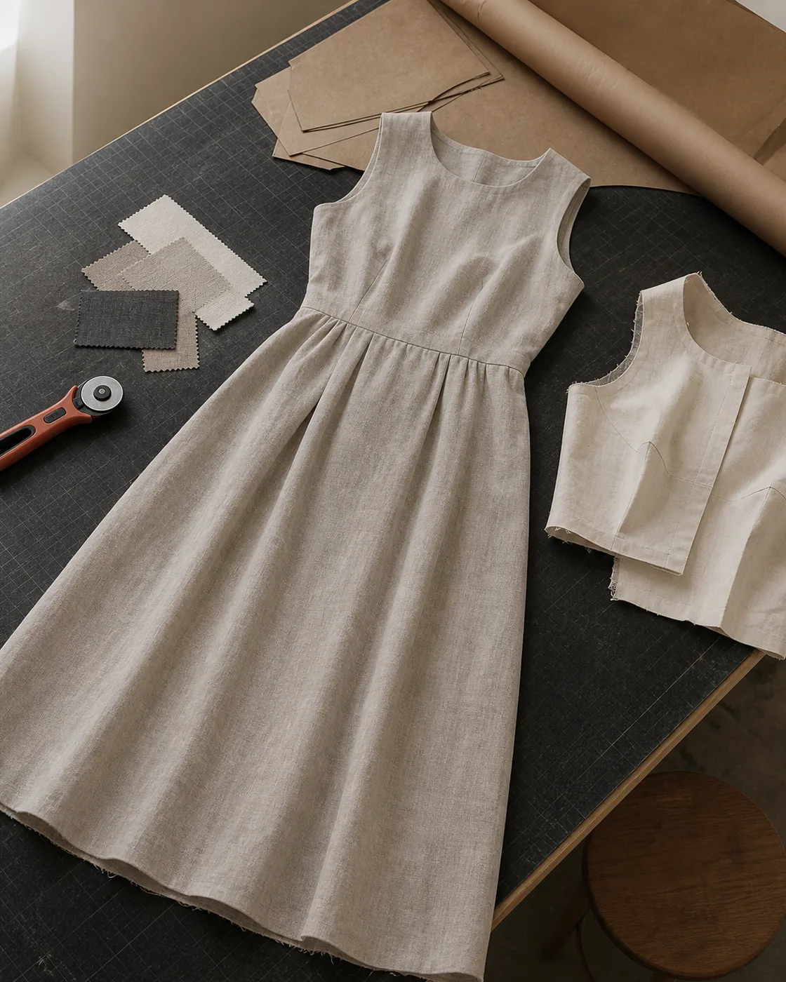 Dress garment with drape and silhouette references on a worktable