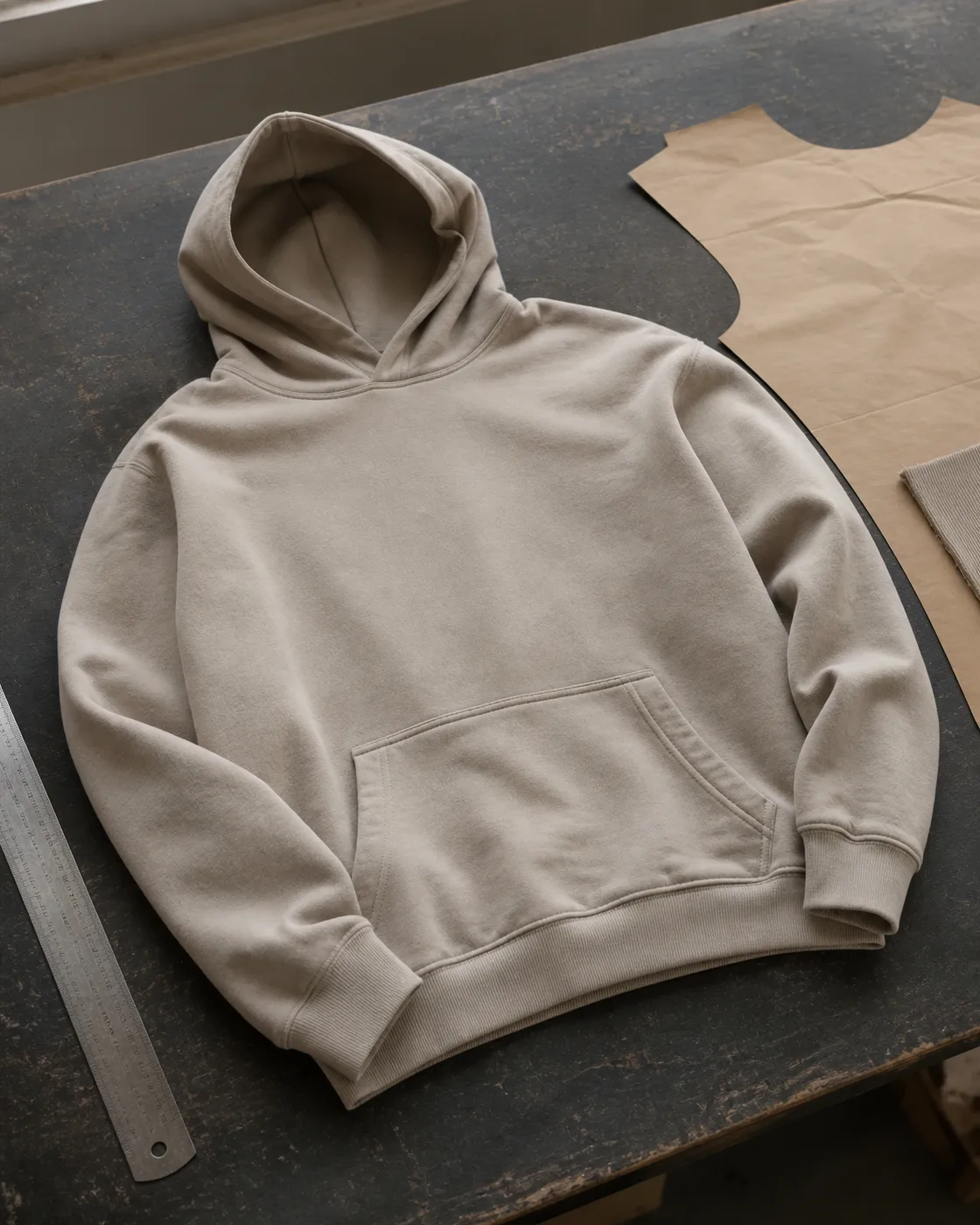 Hoodie garment and construction references arranged on a worktable