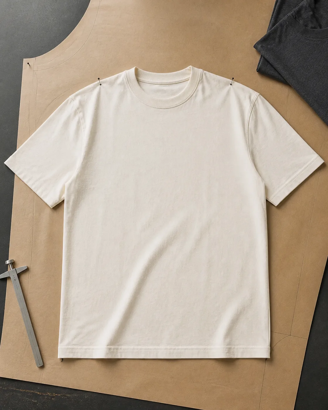 T-shirt garment and neckline references arranged on a worktable