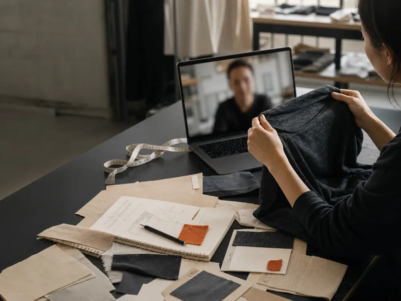 Apparel team reviewing a project brief, fabric swatches and garment samples