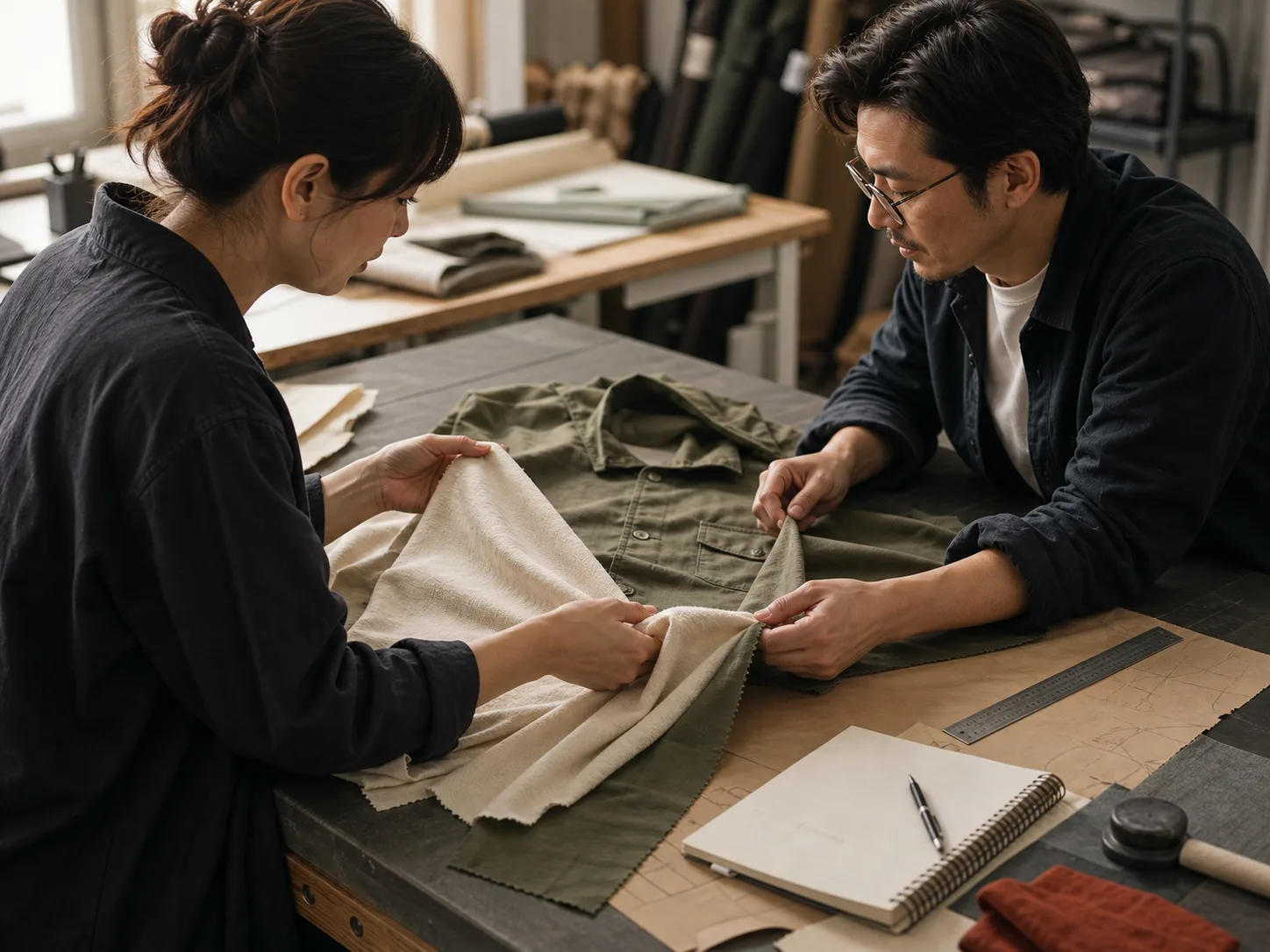 Fabric swatches and garment patterns on a sample-room table
