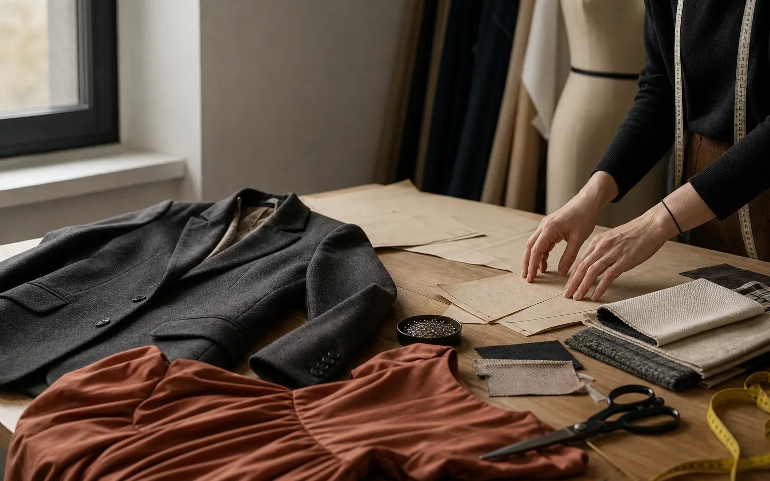 Apparel team reviewing garment samples, pattern pieces and fabric swatches