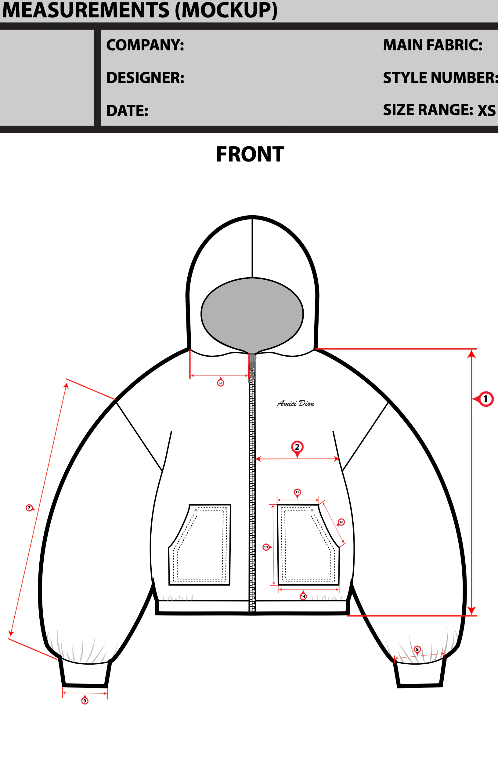 Apparel measurement document with garment specifications
