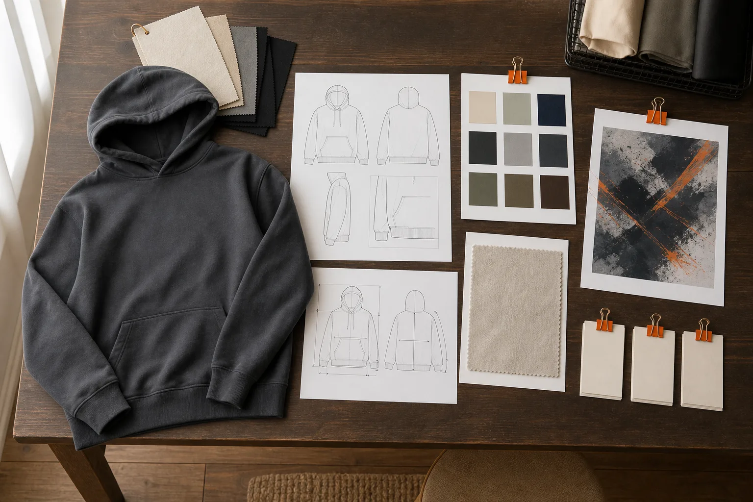 Hoodie reference sample, sketches, colors, measurements, fabric and artwork arranged as a project brief.