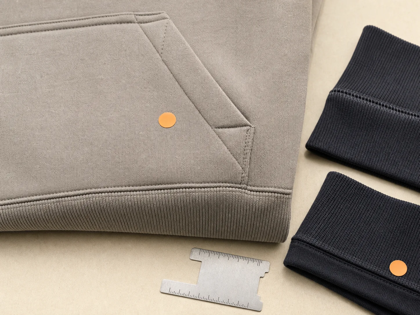Hoodie pocket corner, rib hem and cuff samples arranged for workmanship review.