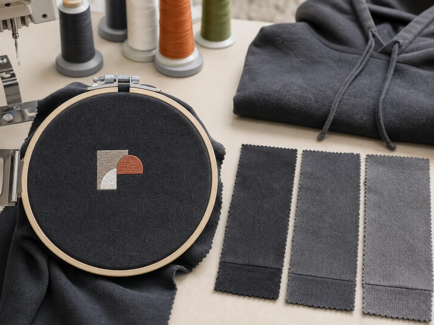 Abstract embroidery test and washed knit swatches reviewed beside an unbranded hoodie sample.