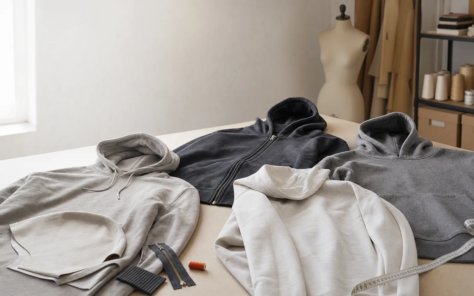 Four unbranded hoodie samples arranged with construction references in a sample studio.