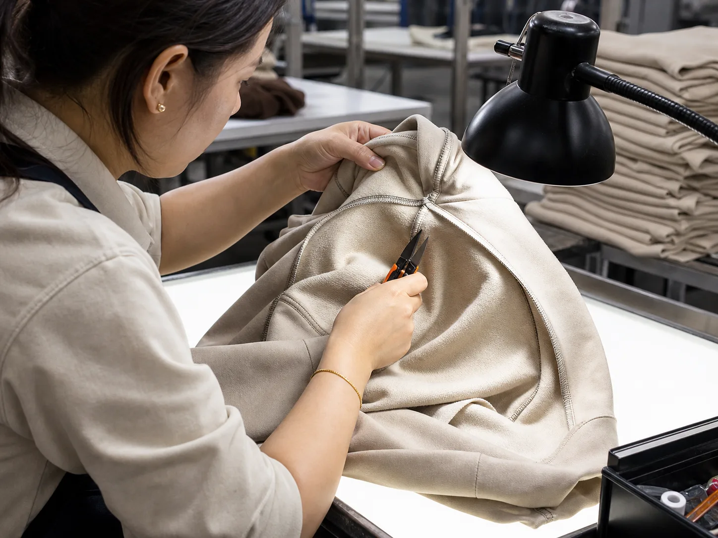 A garment inspector checks the inside shoulder seams of an oatmeal hoodie under an inspection lamp.