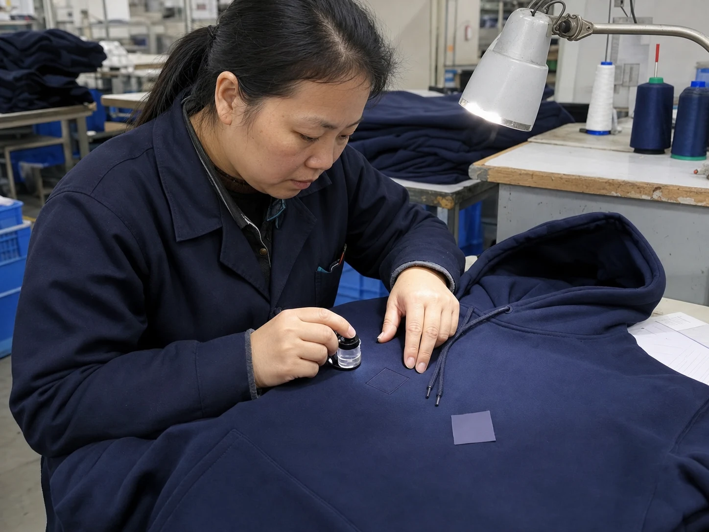 A technician inspects tonal embroidery and a print swatch on a navy hoodie at a QC bench.