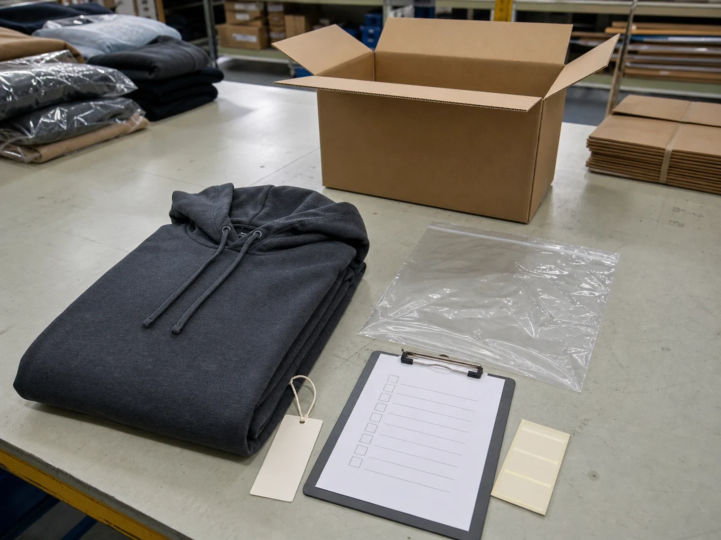 Folded charcoal hoodie, clear polybag and open carton prepared for a packing check.