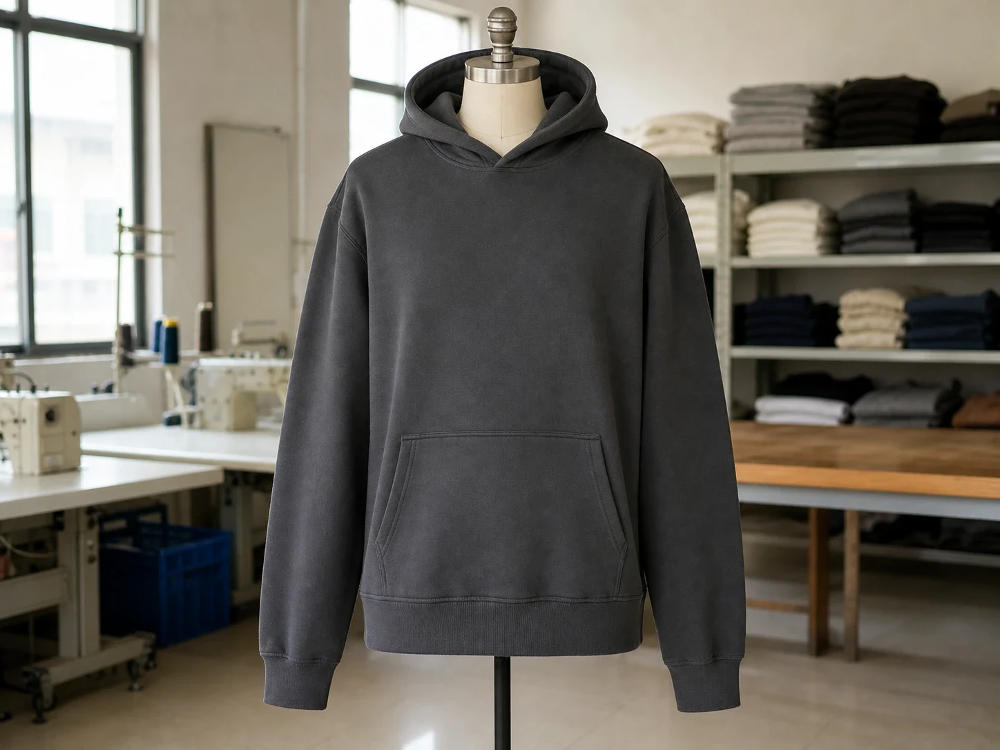 Finished charcoal pullover hoodie shown in full on a dress form.