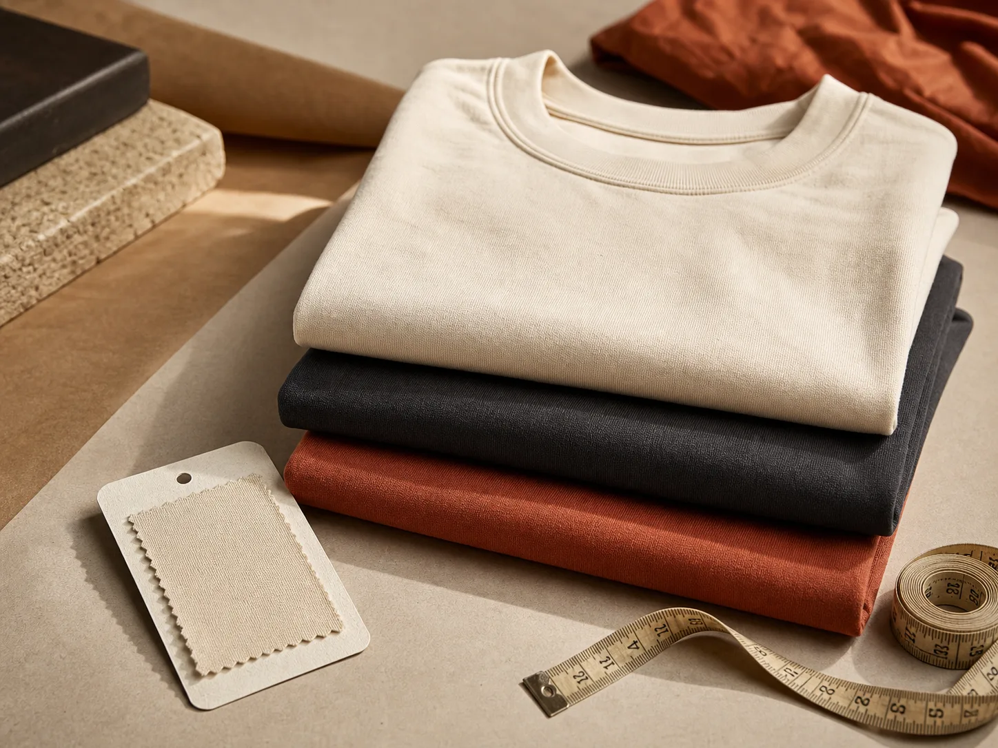 Three heavyweight T-shirts in neutral colours are folded beside a fabric swatch and tape measure.