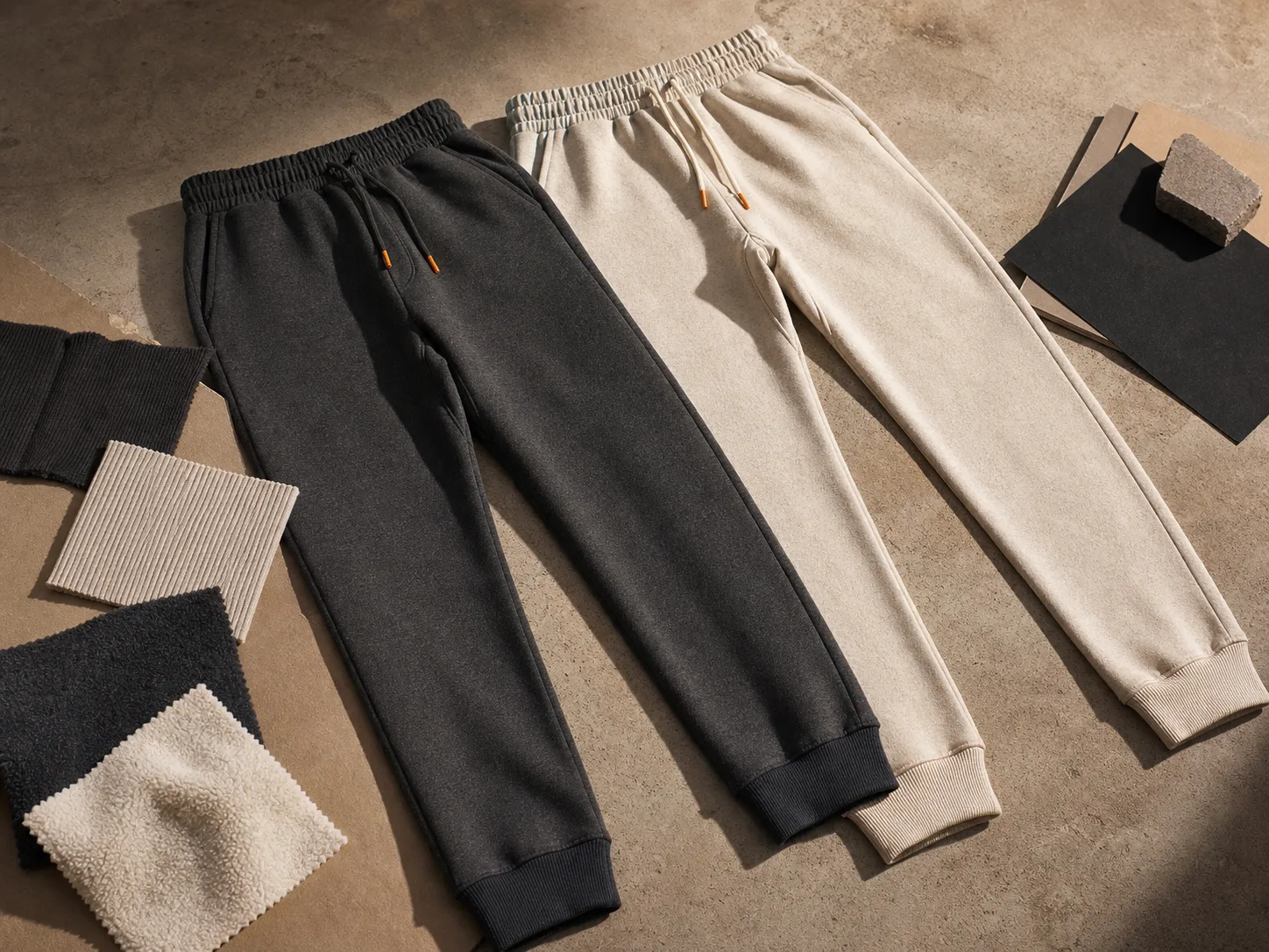 Charcoal and oatmeal joggers are laid flat with matching rib and fleece swatches.