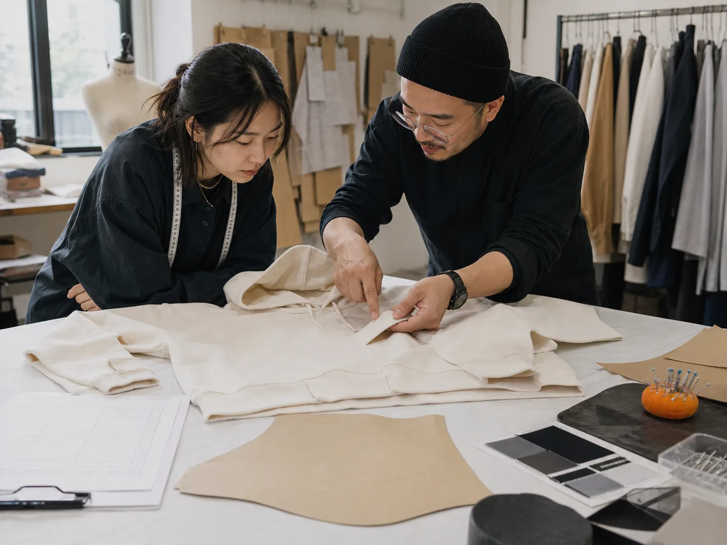 A pattern maker and merchandiser discuss one construction point on a hoodie sample.