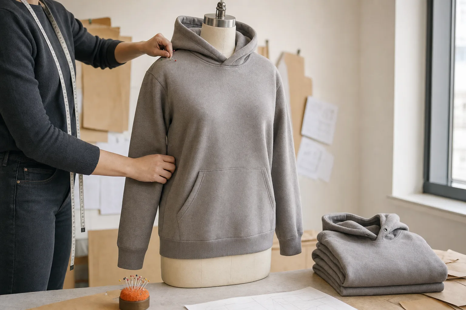 Pattern technician pinning a hoodie shoulder during fit review on a dress form.