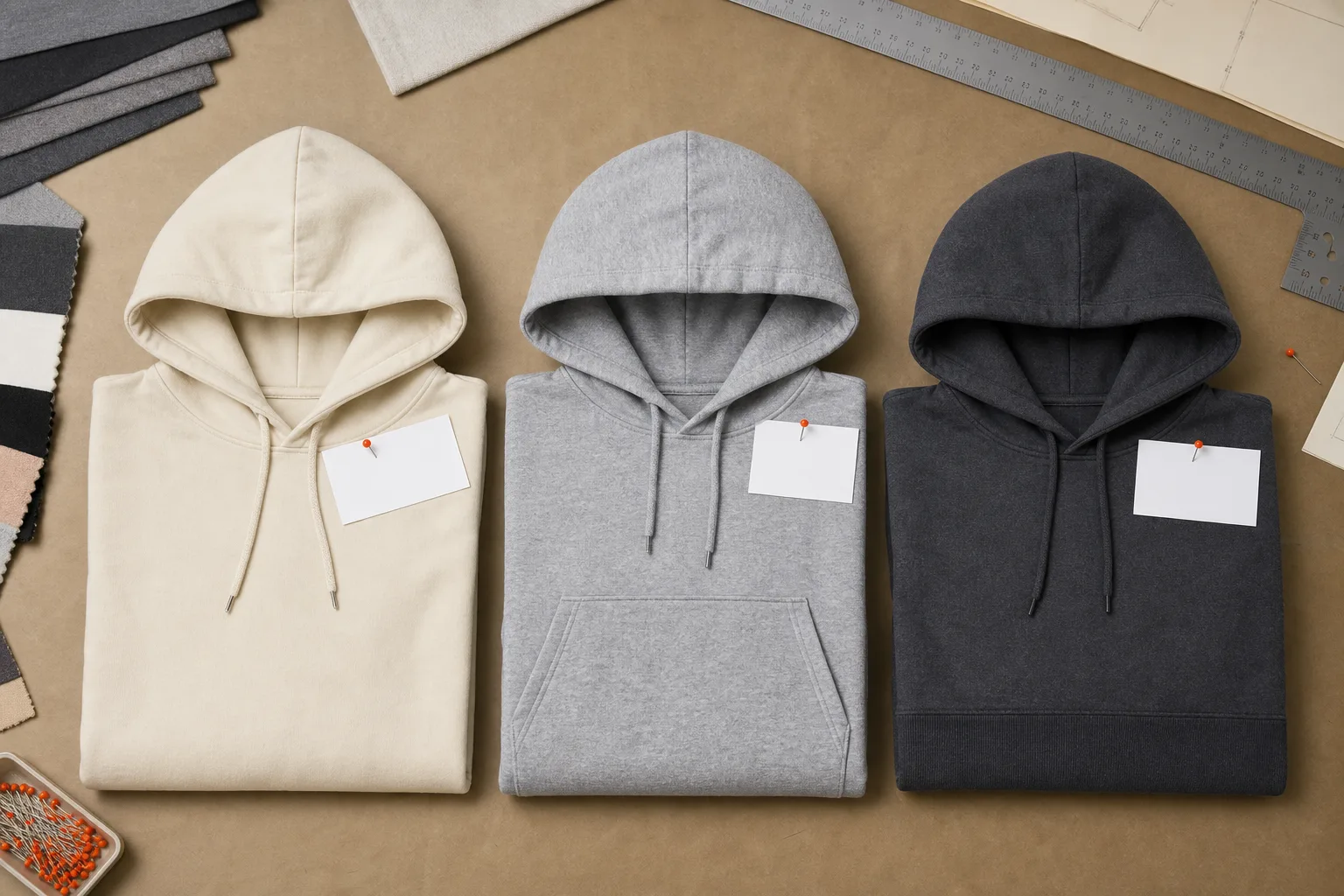 Three unbranded hoodie sample iterations arranged for hood, pocket and rib comparison.