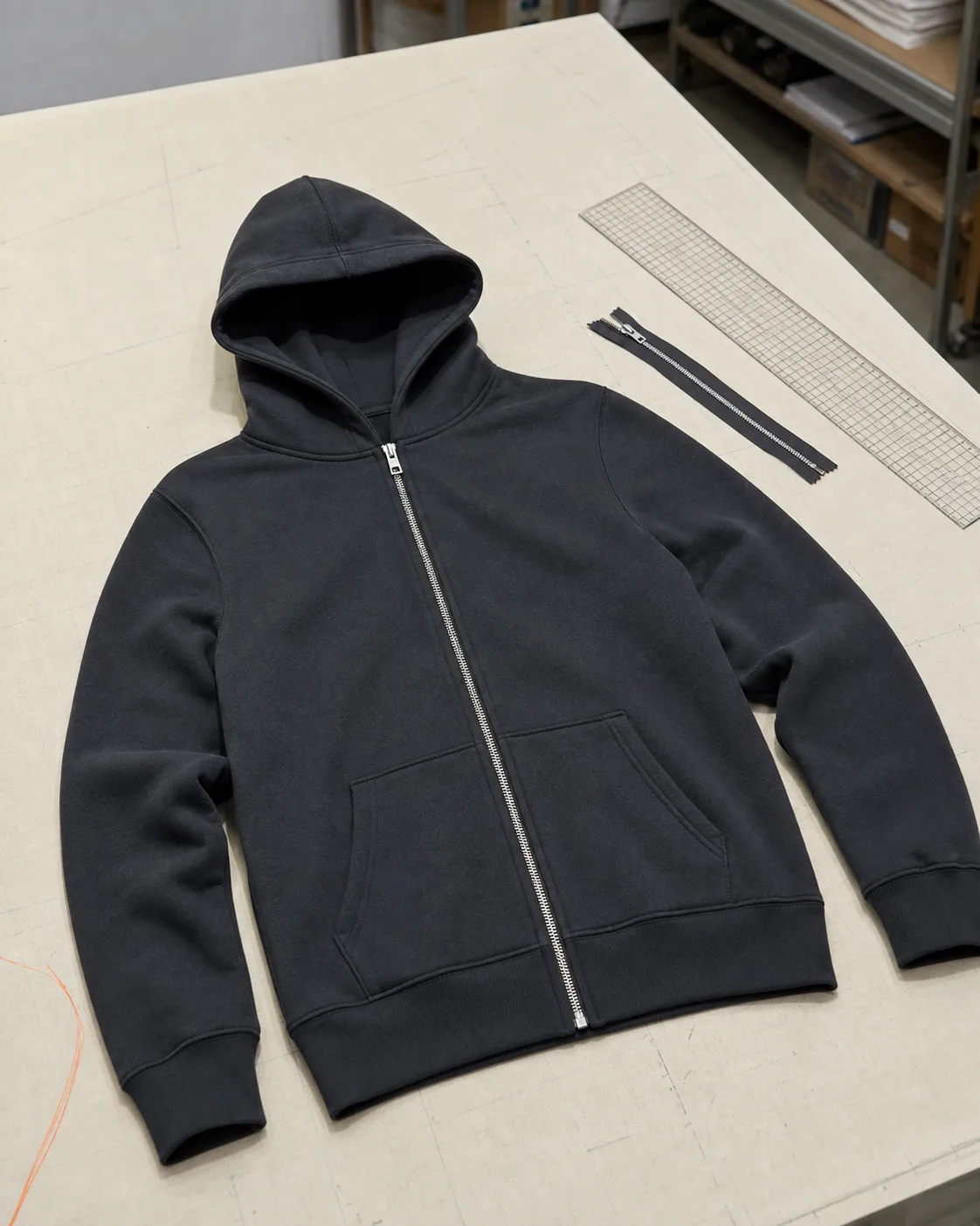Full-zip hoodie sample laid flat with zipper and pattern tools on a cutting table.