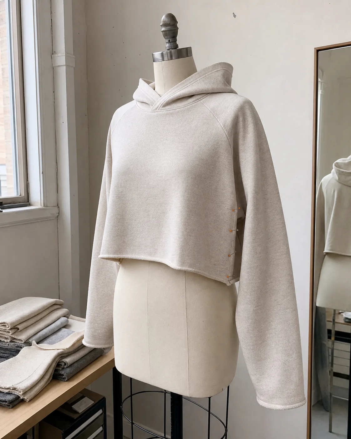Cropped raglan hoodie prototype pinned on a dress form in a fitting corner.