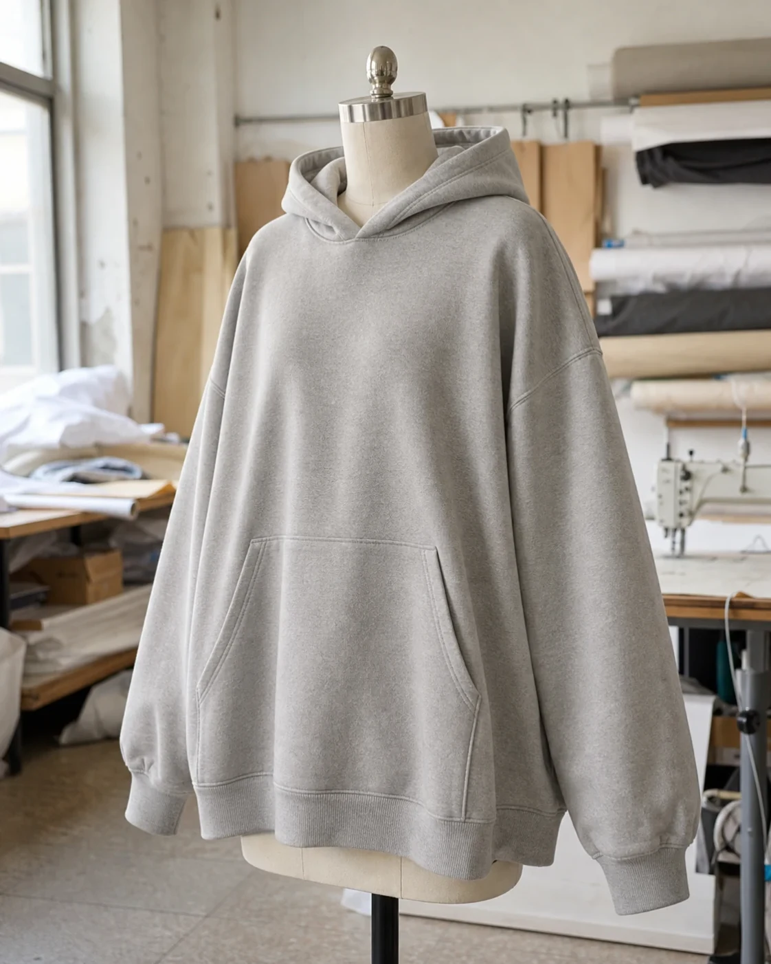 Oversized grey pullover hoodie with dropped shoulders, wide body and complete sleeves.