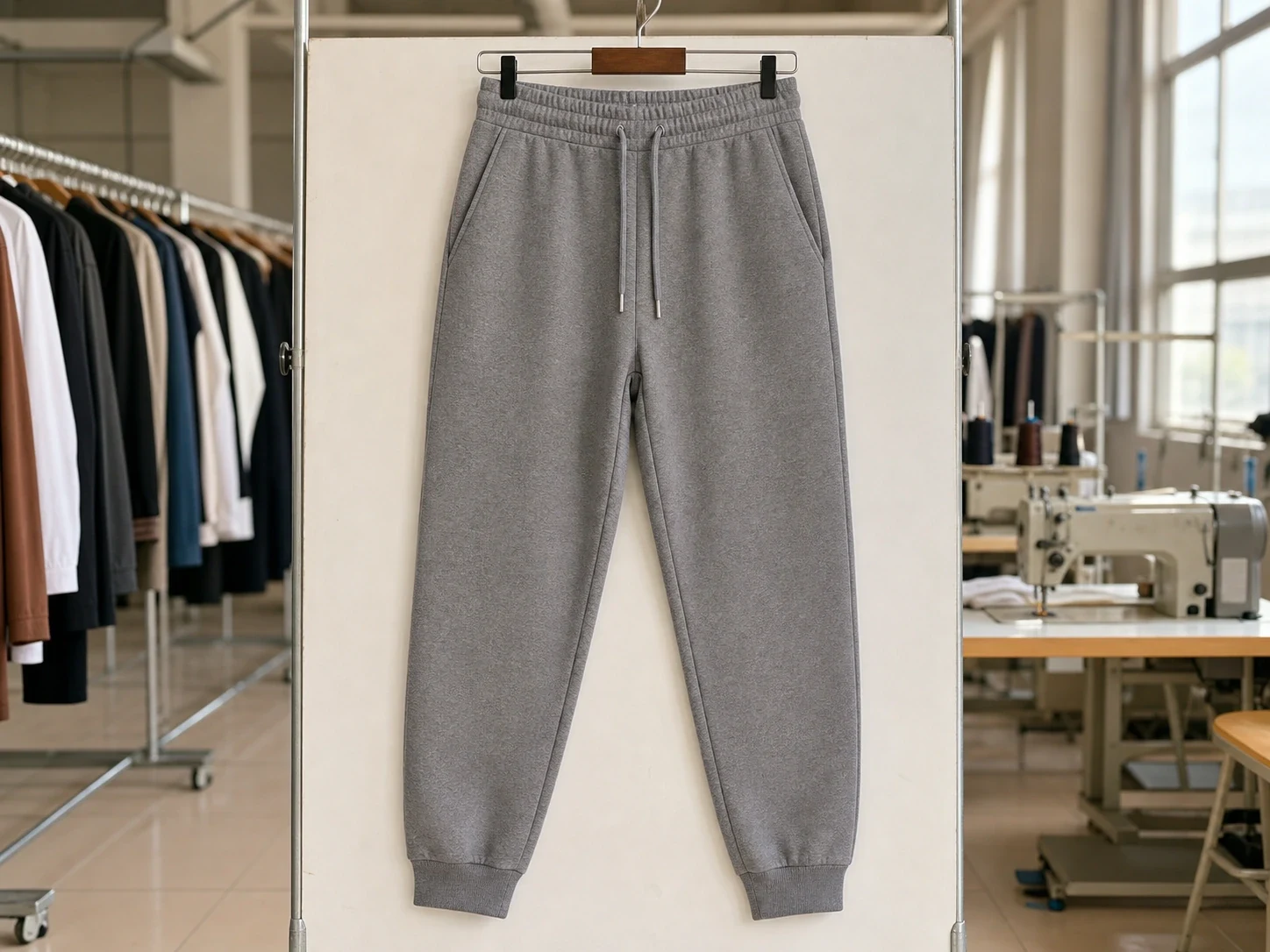 Finished grey joggers shown in full on a hanger.
