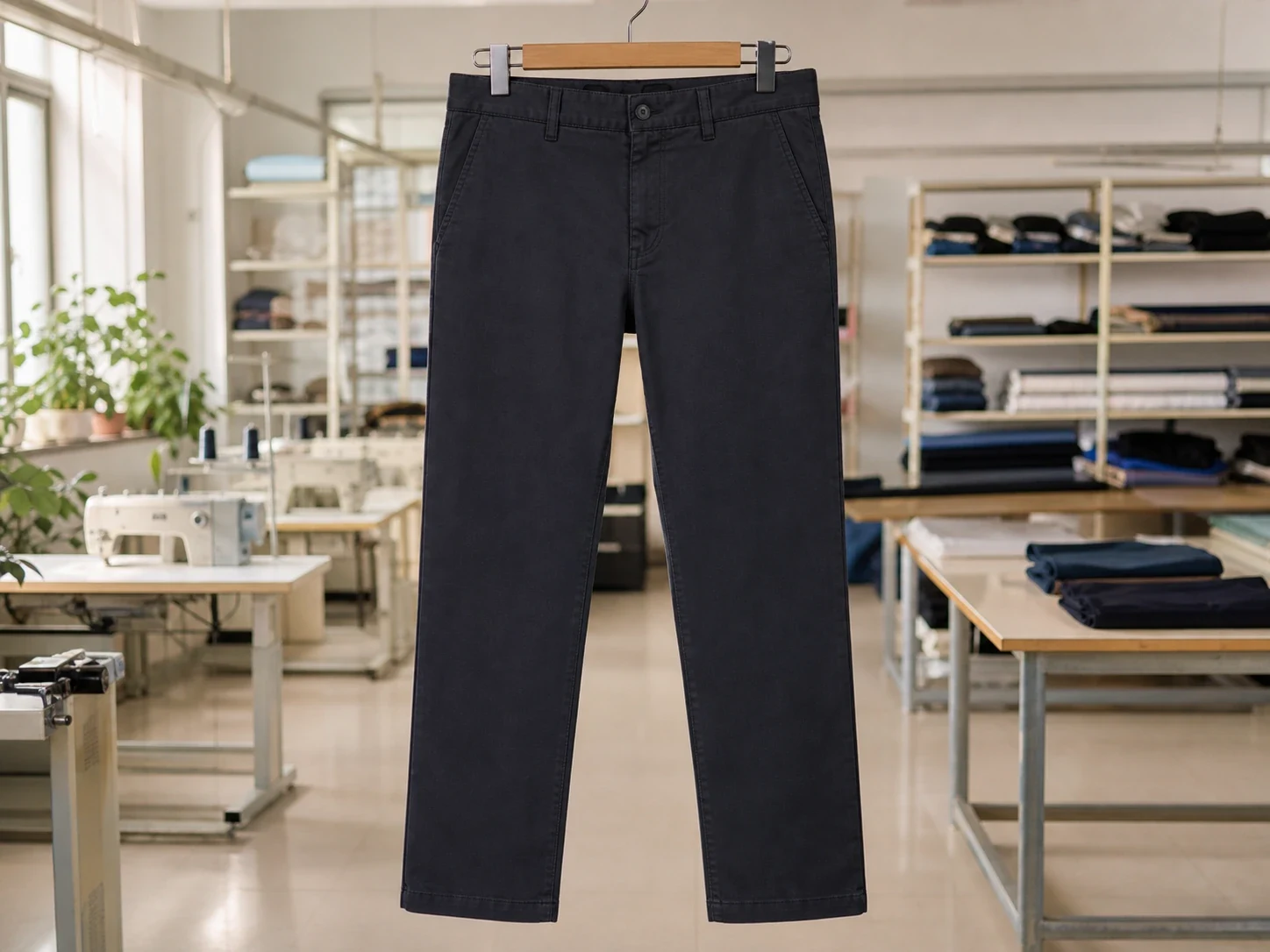 Finished dark-grey pants shown in full on a hanger.