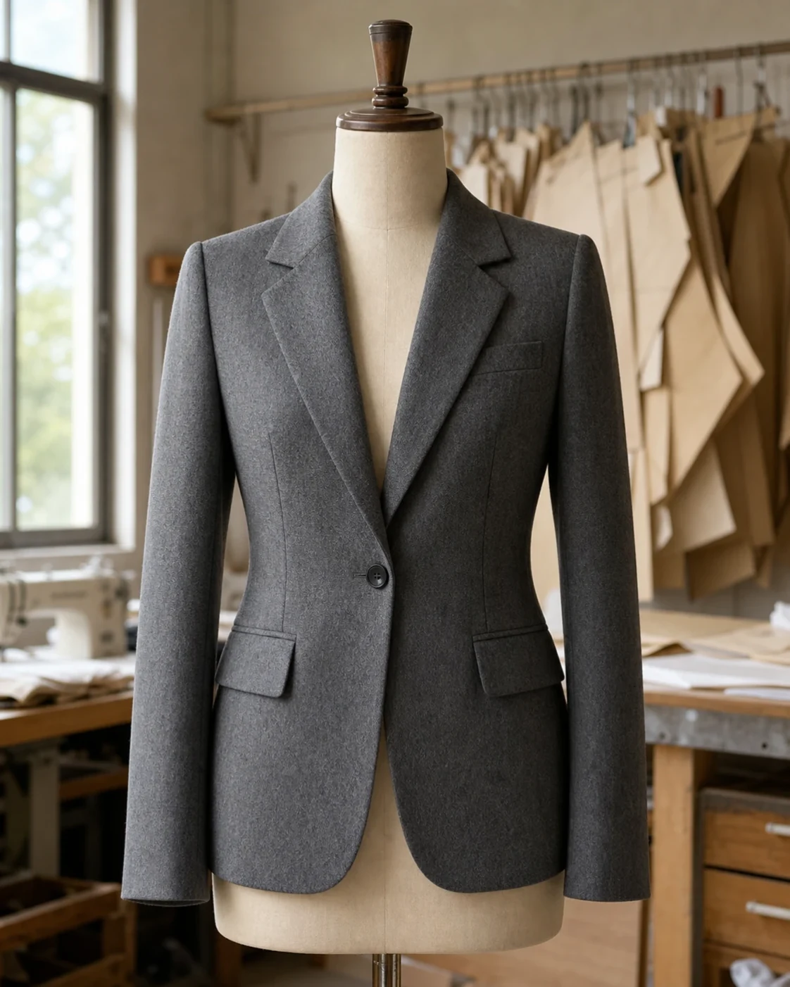Complete charcoal blazer on a dress form in a Chinese garment sample room.