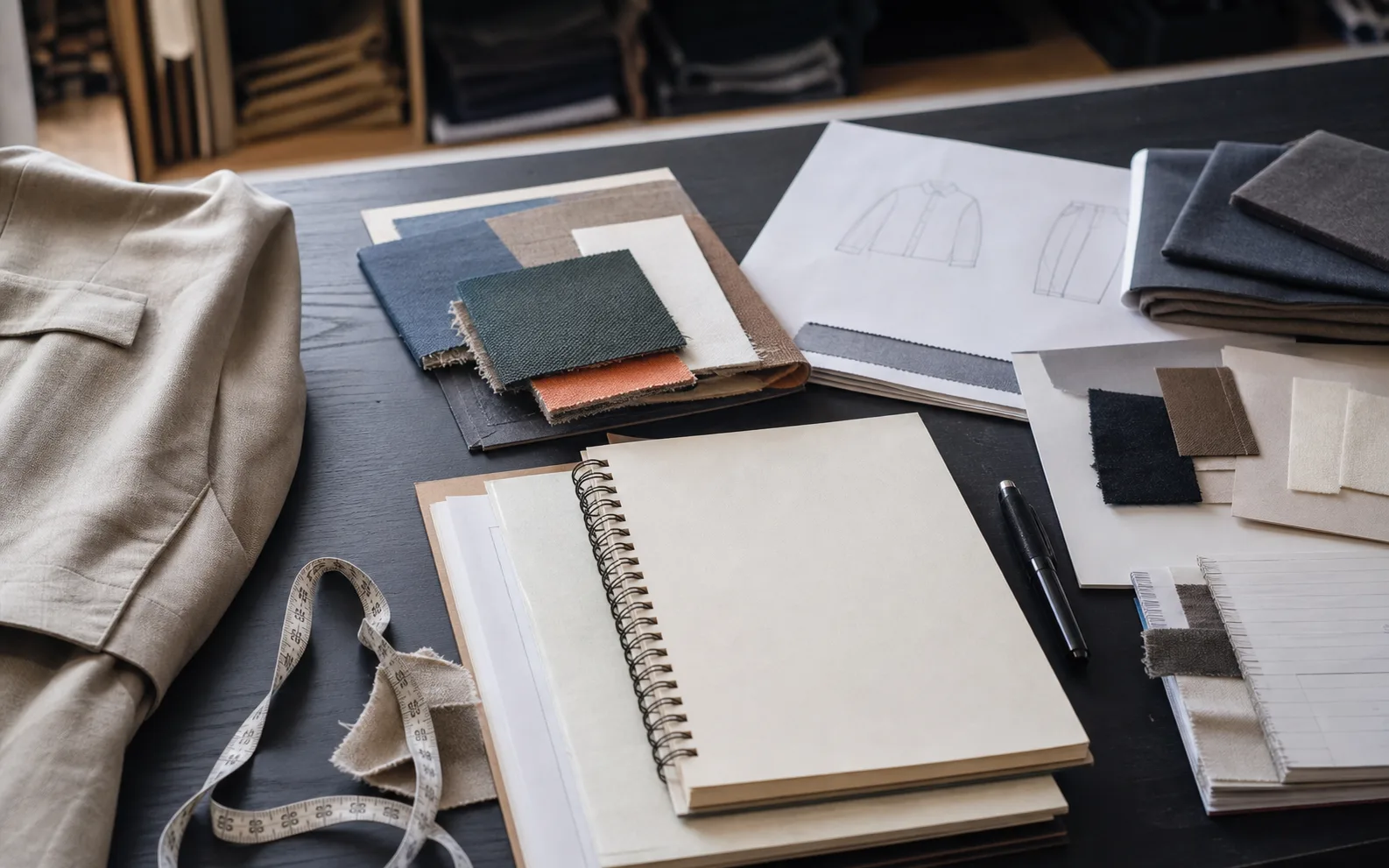 Apparel project guides, question cards and material notes arranged on an editorial desk