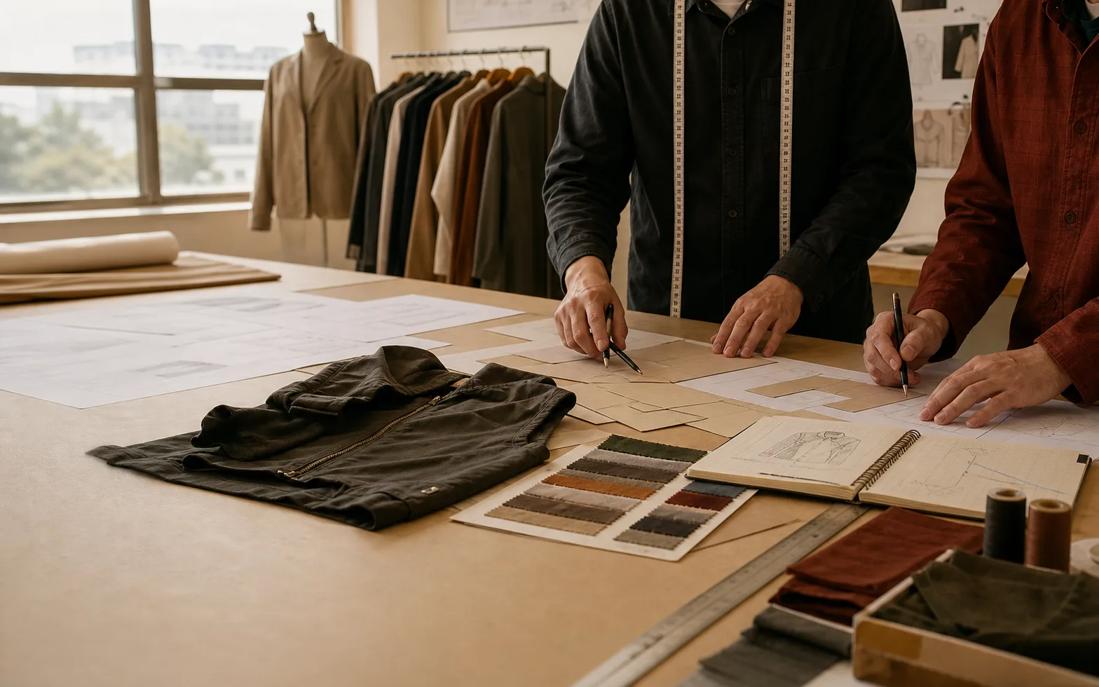 Apparel development table with samples, fabrics and project documents